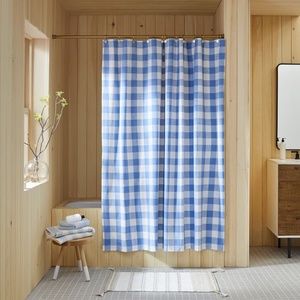 blue and white gingham shower curtain